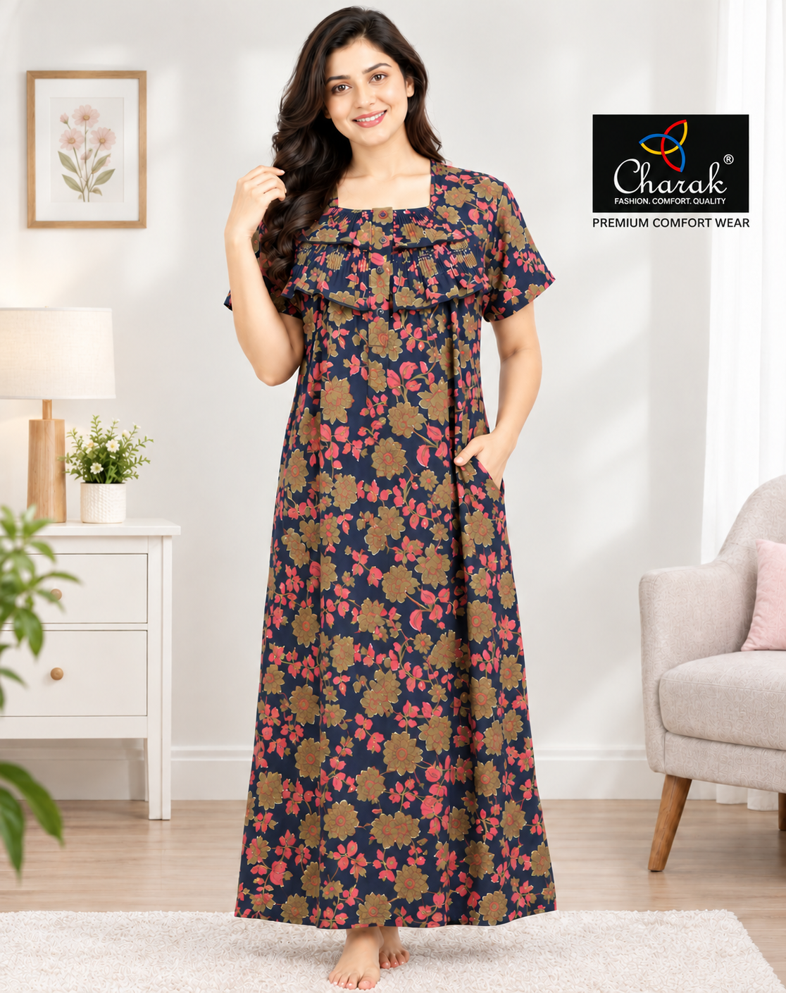 Charak Cotton Frill Kalamkari Nighties