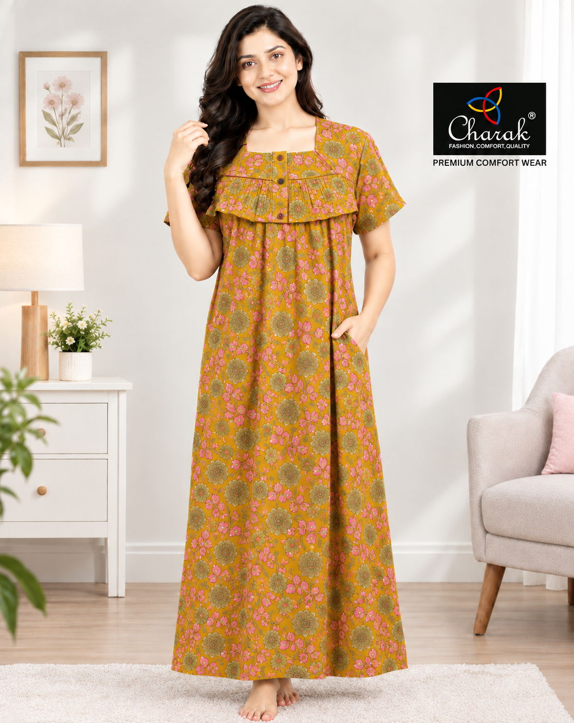 Charak Cotton Frill Kalamkari Nighties